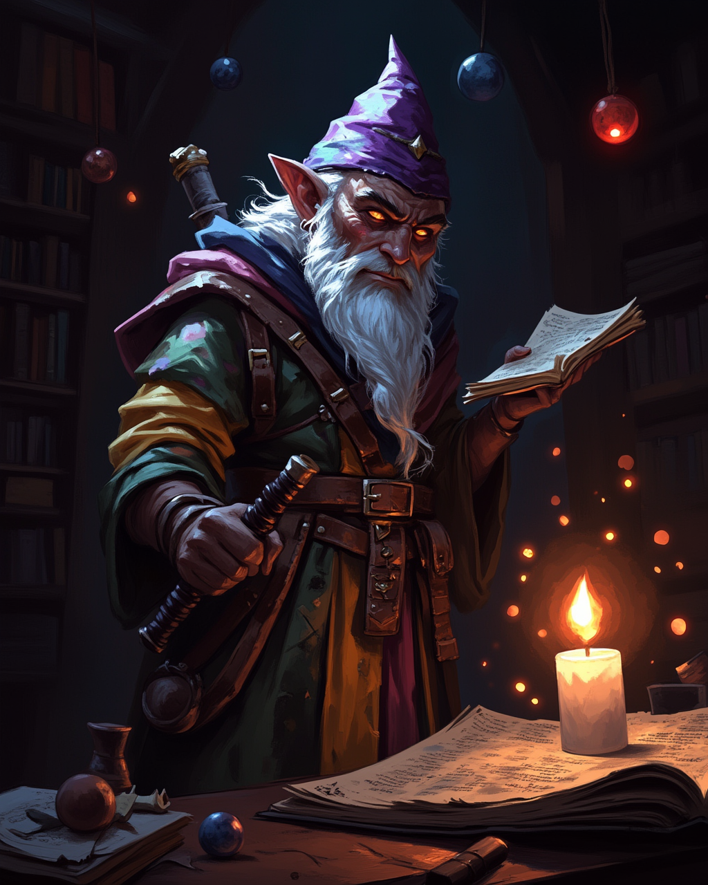 wc1dnd_style, digital painting, A close-up of a mysterious gnome mage wearing a pointed hat and patchwork robes of vibrant colors, surrounded by magical orbs and floating spell scrolls, their mischievous grin lit by the warm glow of a flickering candle in their cluttered study <lora:Organic_Sauce_-_FLUX:0.2> <lora:Flux.Digital_Painting_DnD:0.9>
