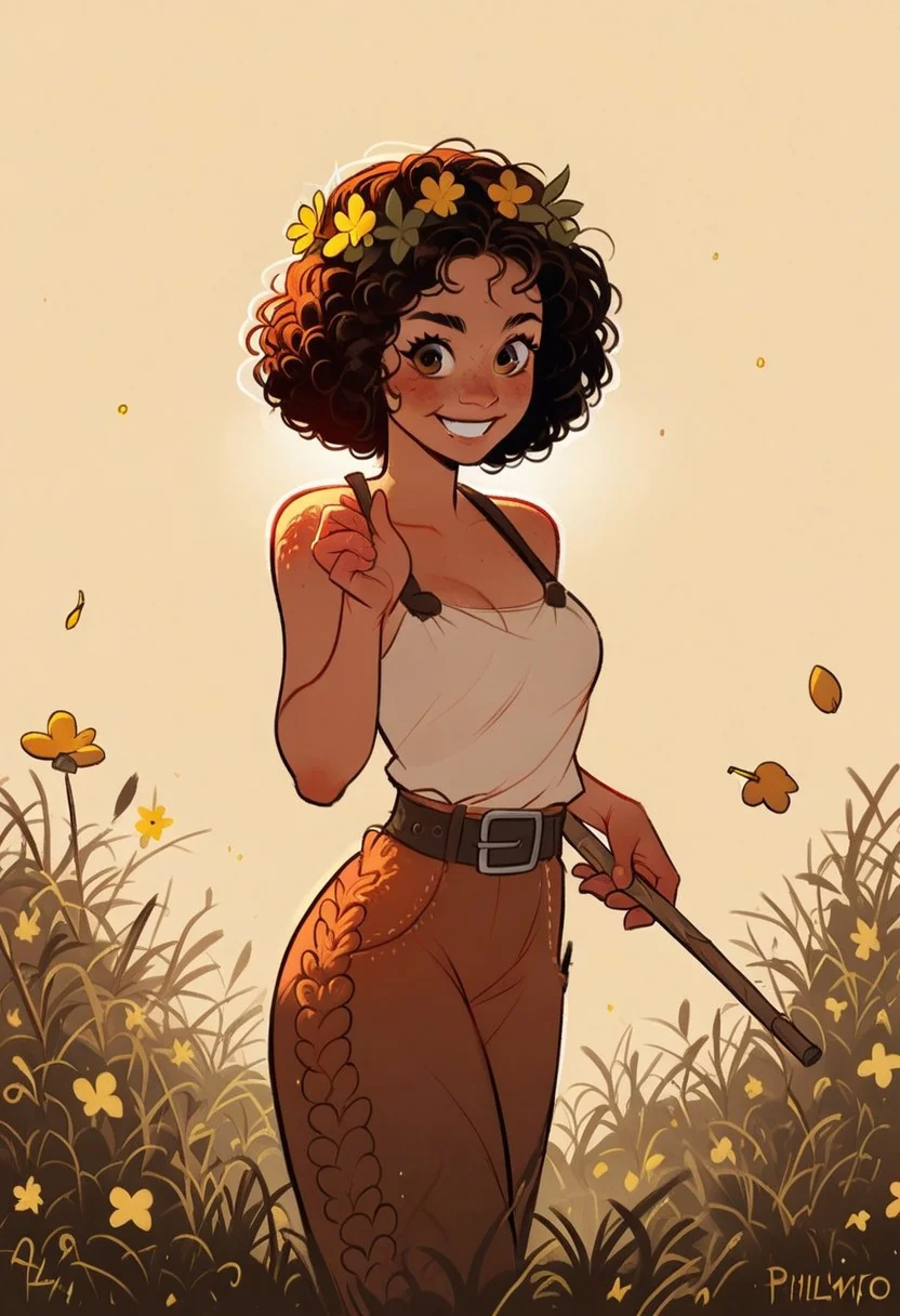 (score_9, score_8_up, score_7_up), tlu, rating_safe,ph1lt0m4t0,3m0t3,
(1girl, solo, playful satyr girl), brown eyes, pear-shaped body type, medium breasts, tanned skin with faint freckles, cheerful grin, short curly hair with leaf headband, chestnut hair, rustic tunic and leather belt, wooden flute in hand, standing in a grassy hillside under sunlight, surrounded by wildflowers, warm golden glow, lively and cheerful atmosphere.