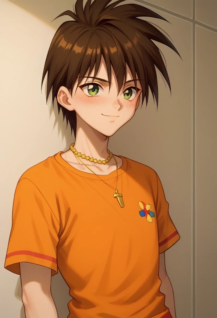 score_9, score_8_up, score_7_up, source_anime, highly detailed, 
kaoru, solo, green eyes, brown hair, short hair, necklace, jewelry, necklace, 1boy, shirt,
orange shirt, blush, light smile,
indoor, japan,