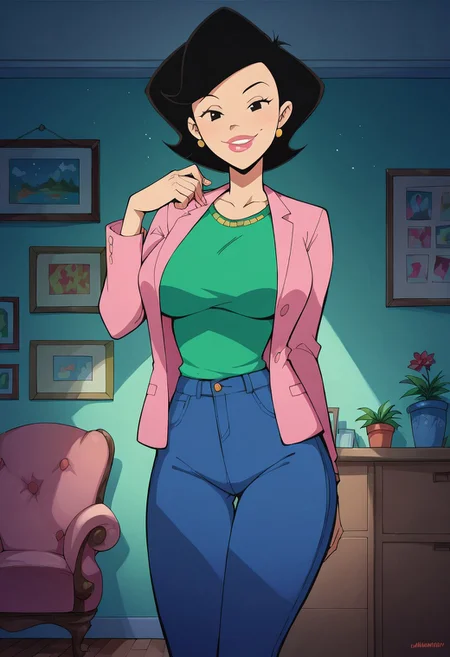 score_9, score_8_up, score_7_up, score_6_up, score_7_up, source_cartoon,BREAK, 1girl, susanlongv1, looking at viewer, pink lips, smile, black hair, black eyes, mature female, large breasts, curvy, squinting, green shirt,pink blazer,blue jeans, in the livingroom,evening, volumetric lighting, light particles