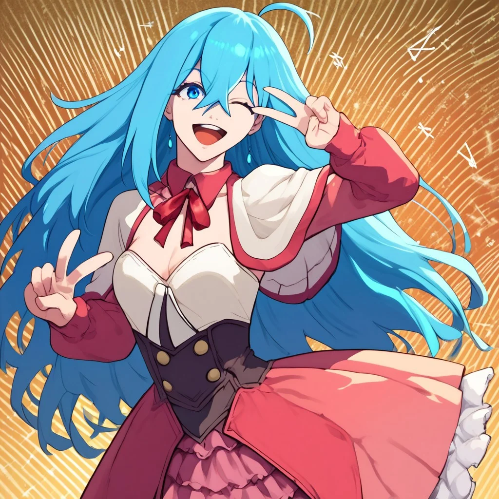 absurdres, 4kres, high quality, abstract background, vivy_vfe, blue hair, blue eyes, crossed bangs, long hair, idol_dress, idol pose, dancing, singing, happy, wink, peace sign, portrait, dynamic, zPDXL3, freebos_smoothiestyle, good hands,
