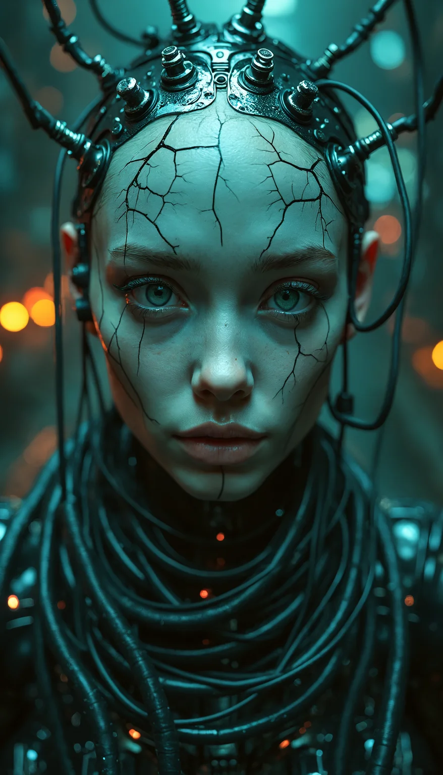 Hyper-realistic portrait of a young woman submerged in a cyberpunk dystopian setting. Her face, bathed in an eerie teal-green light, emerges from a tangle of black cables and wires. Intricate, vein-like cracks spider across her porcelain skin, suggesting a fusion of flesh and technology. Her eyes, wide and alert, stare directly at the viewer with a haunting intensity. Multiple thin cables protrude from her scalp, replacing hair and connecting her to unseen machinery. The background is a blur of tech components, circuit boards, and distant, out-of-focus lights, creating a sense of depth and claustrophobia. Reflections and small light sources create a constellation of pinpoint highlights throughout the image. The overall color palette is dominated by deep teals and blacks, with occasional glints of metallic surfaces. Extreme detail captures every pore, eyelash, and the subtle sheen of moisture on her skin. The atmosphere is cold, clinical, and slightly unsettling, blending organic humanity with the harsh reality of a technology-dominated world.