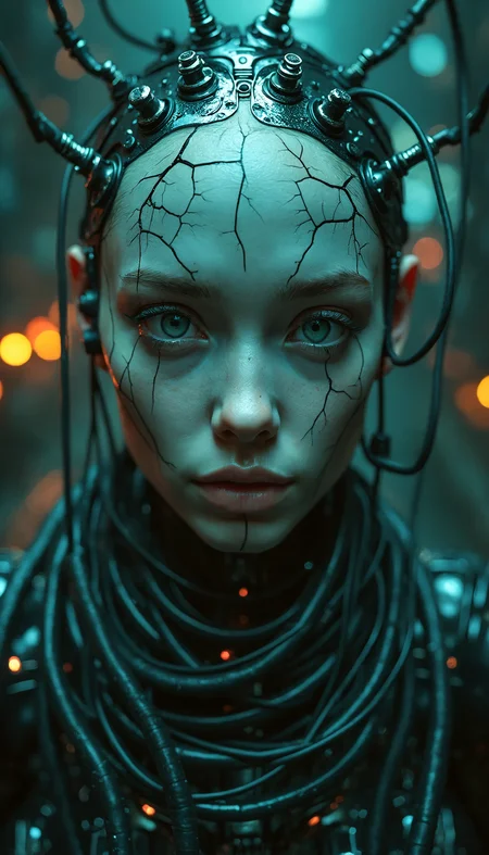 Hyper-realistic portrait of a young woman submerged in a cyberpunk dystopian setting. Her face, bathed in an eerie teal-green light, emerges from a tangle of black cables and wires. Intricate, vein-like cracks spider across her porcelain skin, suggesting a fusion of flesh and technology. Her eyes, wide and alert, stare directly at the viewer with a haunting intensity. Multiple thin cables protrude from her scalp, replacing hair and connecting her to unseen machinery. The background is a blur of tech components, circuit boards, and distant, out-of-focus lights, creating a sense of depth and claustrophobia. Reflections and small light sources create a constellation of pinpoint highlights throughout the image. The overall color palette is dominated by deep teals and blacks, with occasional glints of metallic surfaces. Extreme detail captures every pore, eyelash, and the subtle sheen of moisture on her skin. The atmosphere is cold, clinical, and slightly unsettling, blending organic humanity with the harsh reality of a technology-dominated world.