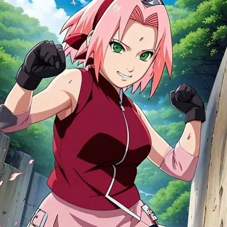 A beautiful picture of Sakura haruno punching at the viewer ; forehead mark and green eyes ; smile on the face ; wind blowing