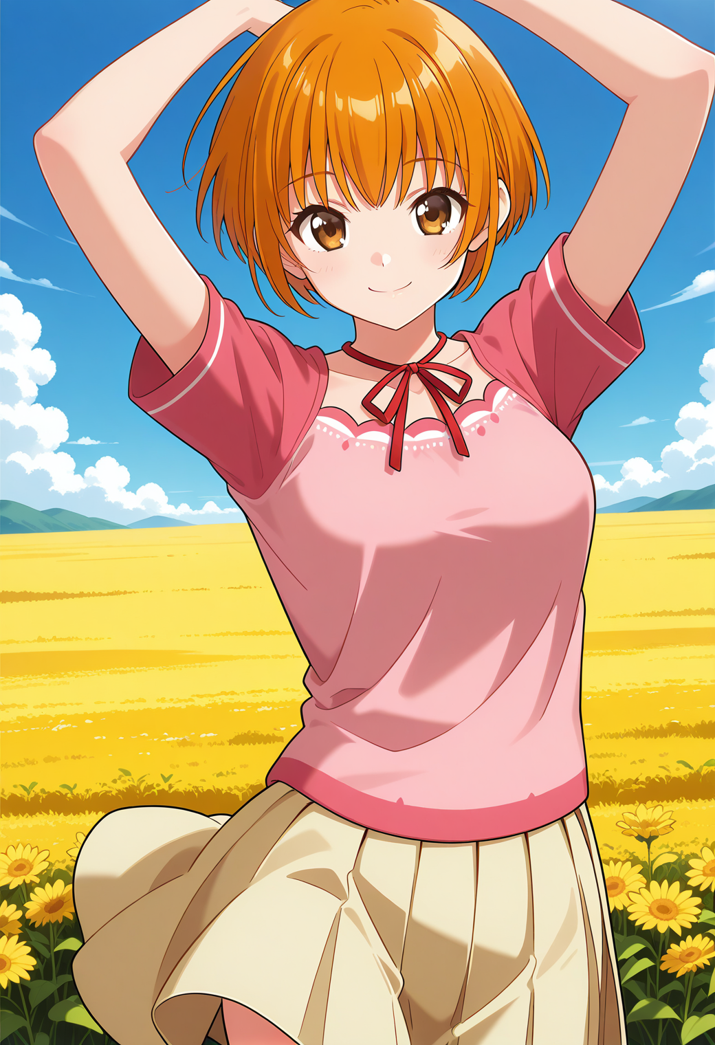 ever17_you, brown eyes, orange hair, short hair, red ribbon, neck ribbon, pink shirt, red shirt, short sleeves, yellow skirt, <lora:ever17_you_illustrious_ver1:0.8>
smile,, masterpiece, best quality, general,, 1girl, solo, (field:1.2), (blue sky:1.2), looking at viewer,, (cowboy shot, dynamic pose:1.4),