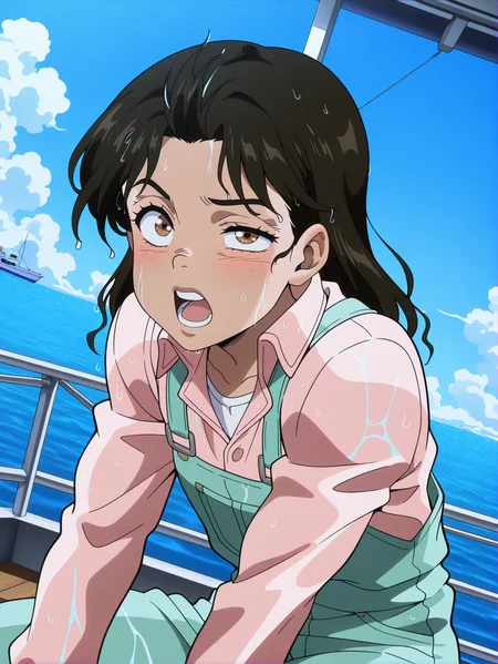 masterpiece, best quality, amazing quality, absurdres, newest, dynamic_angle, defined facial features, anime coloring, anime screencap, cloudy sky, ocean,
<lora:Anne_Merlai_IL1.1v0:1> merlai anne, brown eyes, pink shirt, green overalls, wet clothes, wet hair, one eye half-closed, on ground, open mouth, teeth, from side, boat interior, white undershirt