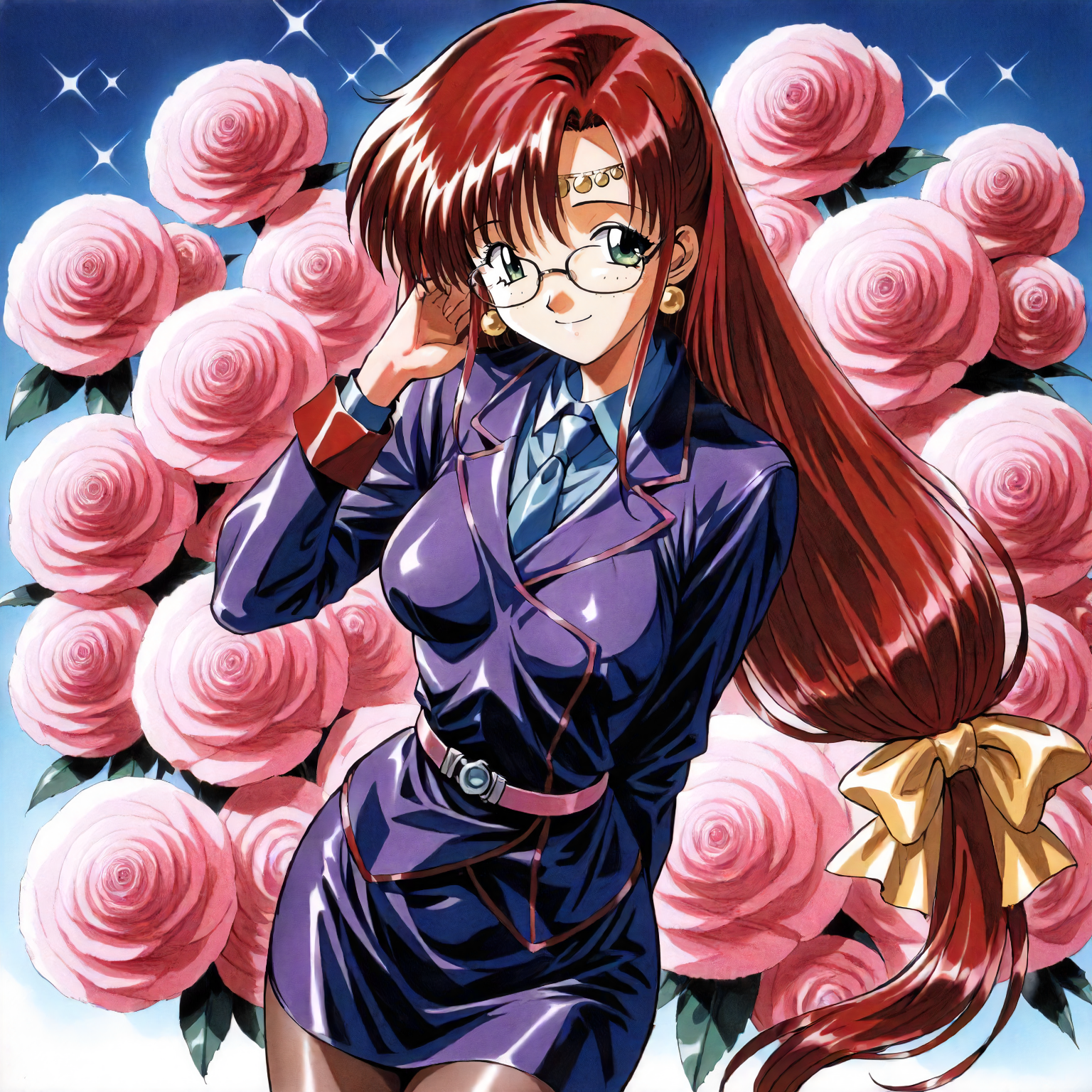 <lora:RC_elenoa_ranXLanimagine001>,
masterpiece,high score,great score,absurdres,
flower background,glitter,
smile,
looking at viewer,
solo,
anime coloring,retro artstyle,1990s (style),
elenoa_ran\(rance_series\),1girl,red hair,circlet,low-tied long hair,hair_bow,green eyes,earrings,
cowboy shot,standing,
business_suit,jacket,necktie,pencil_skirt,pantyhose,glasses,