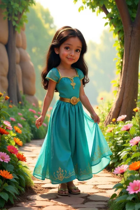 Young Jasmine playing in the palace gardens, innocent expression, flowing dress, bright sunlight, children's book illustration style, whimsical. (Explores a younger version of the character.) <lora:aidmaNSFWunlockV2:1> aidmaNSWFunlockâââ