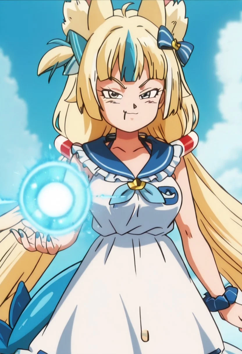 masterpiece, best quality,  sameko saba, low twintails, animal ears, blue eyes, blonde hair, blue streaked hair, ribbon, blue hair bow, two-tone hair, lifebuoy hair ornament, fish tail, blue nails, neckerchief, blue frilled sailor collar, ribbon trim dress, white dress, long hair, ribbon, smile, single wrist scrunchie, blue sky,  brooch, large breasts ,, 
skin fang,  looking at viewer,
 smug, aura, super saiyan, charging energy, energy ball, blue energy, lightning, anime screenshot, retro artstyle, 1990s (style),