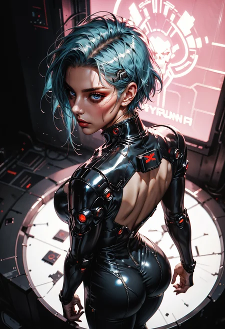 score_9, score_8_up, score_7_up, score_6_up, score_5_up, score_4_up, source_anime, Best quality, Depth of field, blue and white color theme, anime style, Beautiful face and skin, Single woman, Cyberpunk city, standing, From above, Short hair, Closed mouth, Glossy lips, Shiny eyes, Slanted eyes, leather suit, big butt, booty, bubble butt, provocative, ass view, bare ass, unzipped suit, pulled down pants, seductive, High heels, Model pose, Dynamic pose, Simple background, Neon lights, Backlit lens flare <lora:Expressive_H-000001:0.6>, expressiveH <lora:g0th1cPXL:0.4> <lora:incase_style_v3-1_ponyxl_ilff:0.3> <lora:sinfully_stylish_SDXL:0.4>