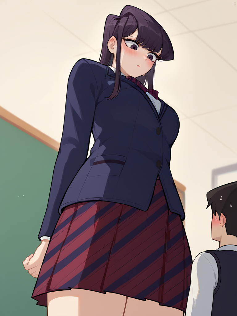Score_9, score_8_up, score_7_up, score_6_up,  source_anime, classroom background, low angle, from below, 1girl, 1boy, larger_female, smaller_male, size_difference, standing, BREAK, Komi Shouko,  shy, embarrassed, school uniform, dark blue jacket, arms behind back,  BREAK,  <lora:Larger_Female:1>