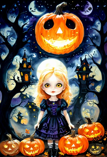 Halloween, moonlit night, supernatural, jack-o'-lanterns, trick-or-treating, haunted house, eerie ambiance, playful mischief, mysterious shadows, delightful spookiness.,A cute helloween doll, This painting captures the enchantment of Halloween, where the border between the living and the supernatural is blurred, and a sense of delightful spookiness fills the night. It's a tribute to a holiday that revels in the unknown, where both young and old embrace the thrill of the eerie and macabre. ,A haunted house stands in the background, with its windows glowing with an unnatural, ghostly radiance. It beckons the curious and the brave to explore its mysteries.ink painting, of a cute helloween doll, Halloween Night, An Enchanting Painting,,street art, vibrant, urban, detailed, tag, mural . graffiti style ,