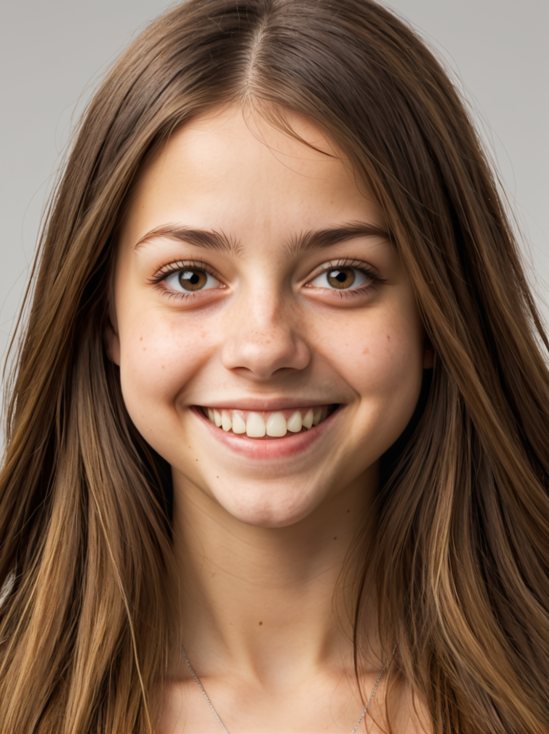 studio portrait, 20yo, felicitysynthxl, realistic, face focus, long hair, brunette, smile, teeth
