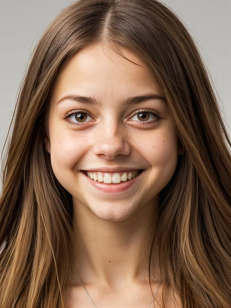 studio portrait, 20yo, felicitysynthxl, realistic, face focus, long hair, brunette, smile, teeth