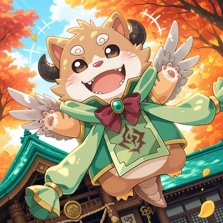 <lora:orto-000010:1> cs-orthro, chimerism, chibi, 1boy, green vest, sleeveless, green_tabard, green shawl, solo, red bow, laughing, parted lips, +++, temple, outdoors, dappled sunlight, flying, three-quarter profile, falling petals, autumn, masterpiece, colorful, detailed background, amazing_quality, dynamic angle, dramatic angle, looking at viewer, vibrant, very aesthetic, luminous lighting, no sclera,