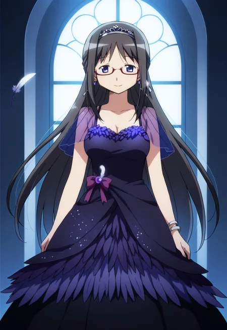 score_9, score_8, score_7, source_anime, wedding dress, Homura Akemi, very long hair, straight hair, glasses, smile, feather dress, mature female