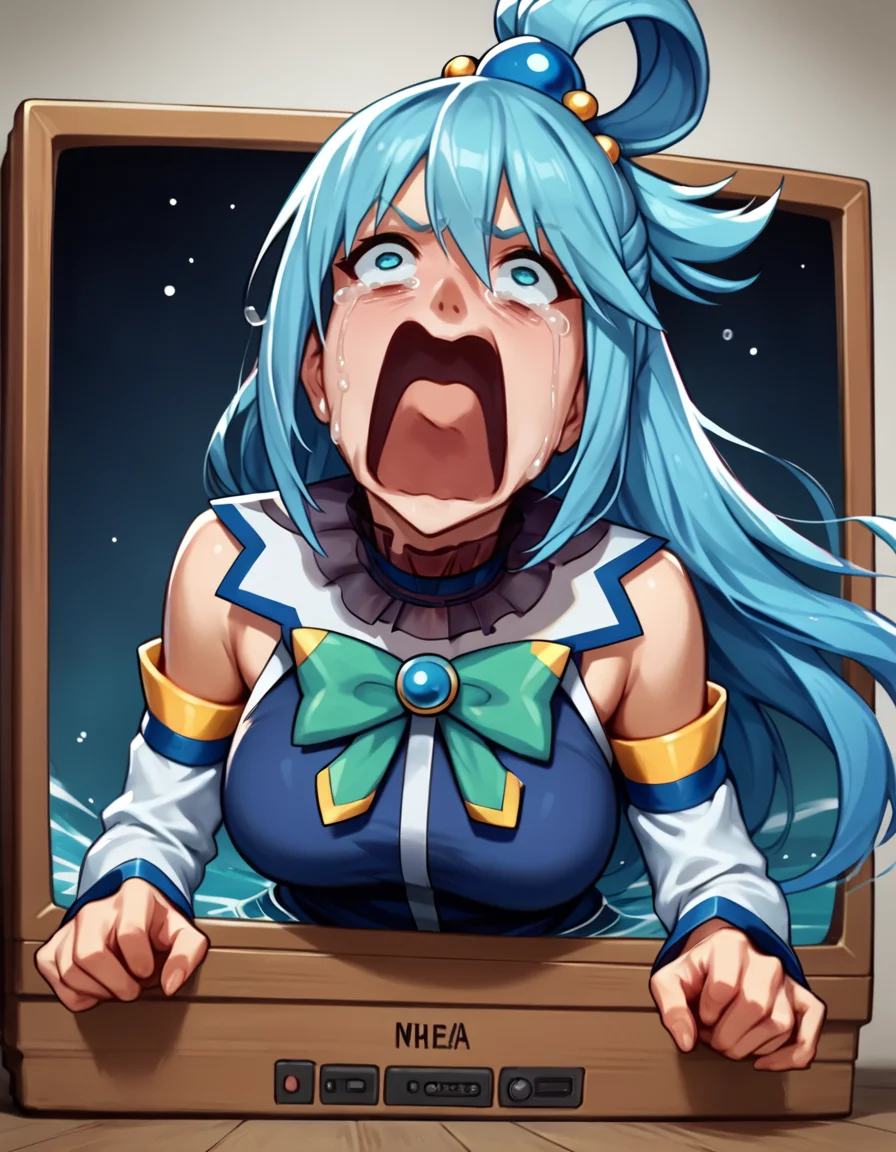 score_9, score_8_up, score_7_up, <lora:ThroughScreenPony:0.8>, throughscreen, source_anime, 1girl, aqua \(konosuba\), upper body, tv, stuck, blue hair, <lora:concept_aquascreaming_ponyXL:1> crying with eyes open, screaming,