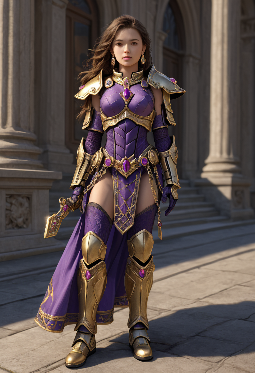 1girl, full body image, absurdres, hyper-realistic, BREAK science fiction, armor, gauntlets with fingerless gloves, armored boots, thigh armor, small gold earrings, gold necklace, gold bracelet, purple gem, purple crystal, jewelry, gold chains on clothes, garter straps, action pose, looking at viewer, depth of field, amazing depth, detailed lighting, detailed clothing, detailed texture, detailed armor texture, detailxl  <lora:detailed_notrigger:1> <lora:Aeldari_-_Eldar_armor_WH40K:1>