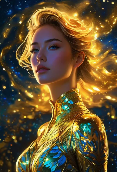 She stands in the midst of the fantastic golden glow of the moonlit night, a magical landscape, a combination of human features and android design, a combination of fractal organics with synthetic, Bioluminescent lights dance on her figure, the pattern on her body shines with gold and neon, emphasizes the contours of the body, her eyes glow with a soft and sensual light, Photography with wide angle lens (24mm), --ar 16:9 --v 5. hyperrealism, artstation trends, polished, beautiful, shining, synesthesia, vivid, backlight, hair light, 8k ultra hd, unreal engine graphics engine 5, acrylic painting, pixiv fanbox trends, palette knife and brush strokes, makoto shinkai style, jamie wyeth, james gillard edward hopper greg rutkowski studio ghibli genshin impact A Daily Theme Unearthly Charm Art by Oleg Ts