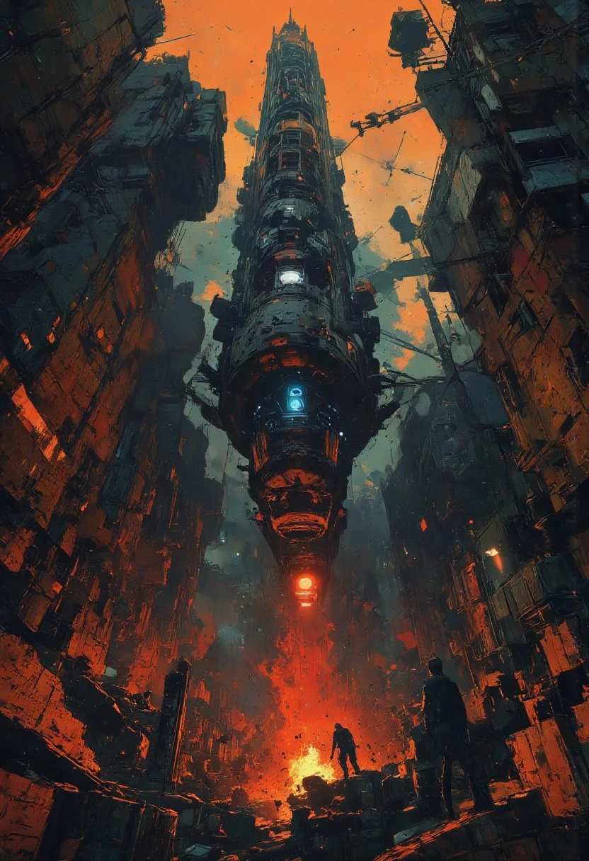aerial view of twisted alien metropolis, towers, domes, twisted geometry, sunset, mythp0rt