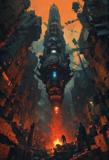 aerial view of twisted alien metropolis, towers, domes, twisted geometry, sunset, mythp0rt