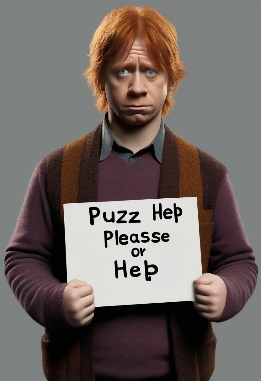 <lora:PE_HoldingSign:0.8> PEHoldingSign, sad face,
ron weasley from harry potter holding a sign that says buzz help please for family