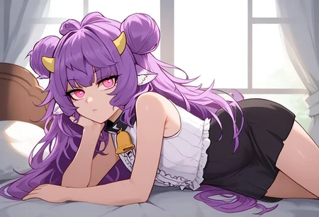 1girl, solo, Muu_Muyu, purple hair, long hair, hair bun, animal ears, double bun, horns, very long hair, pink eyes, bangs, messy hair,
neck bell, white shirt, sleeveless shirt, black skirt, ribbed shirt, frills
looking at viewer, centerfold, posing, playboy, playboyposexl, modeling,anime, sunlight, window, on side, on bed