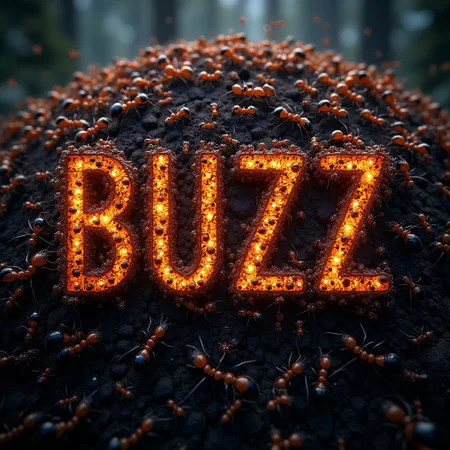 A huge and thick swarm of (Ants forming the word "BUZZ"))over their Ant nest, high resolution, highly detailed, photorealistic, cinematic/ detailed digital hyper realistic intricate details, HDR, beautifully shot, hyper realistic, sharp focus, 64 megapixels, perfect composition, high contrast, cinematic, atmospheric, moody