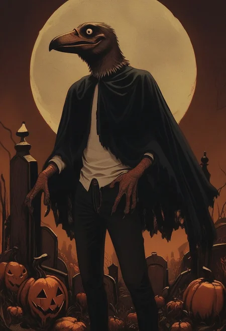 score_9, score_8_up, score_7_up, score_6_up, hllwn, halloween, vintage, detailed background, creepy, anthro Rhino, ,mantle, halloween, pumpkins, guy, graveyard, brutal, full moon, beak, claw, trousers, shirt