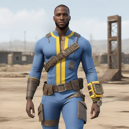 a black man wears a blue outfit with yellow stripes, wears a big bracelet with square screen, smiles <lora:FalloutVault1024:0.8>