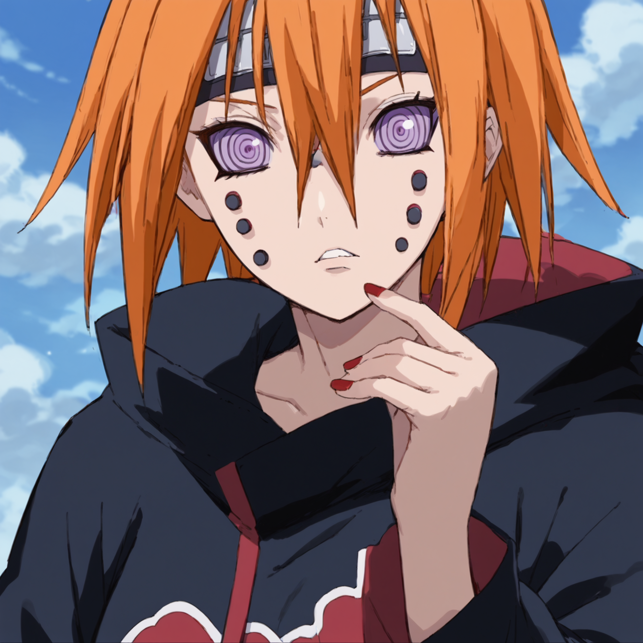 score_9,score_8_up,score_7_up,source_anime BREAK
((1girl,solo)),AnimalPath,orange hair,short hair,(hair between eyes:1.2),akatsuki outfit,black coat,ninja,piercing,(cheek piercing:1.3),purple eyes,red nails,ringed eyes,<lora:AnimalPathV1.1_ponyDV6> BREAK
upper body,face focus,clear face,parted lips,