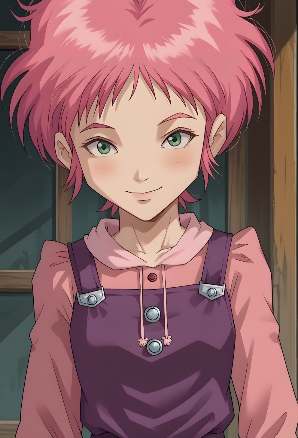 score_9, score_7_up, source_anime, BREAK solo, smile, green eyes, 18aelita_cl, PinkS2Outfit, <lora:AS_NX_Version_2:0.9>  <lora:cheesoart:1> pinafore dress, purple dress,