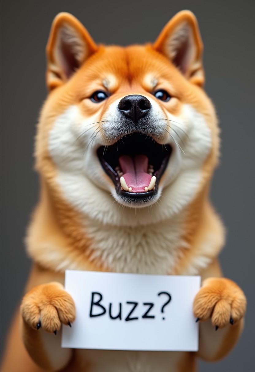 A close-up photo of a crying shiba, Holding a sign saying "Buzz?"