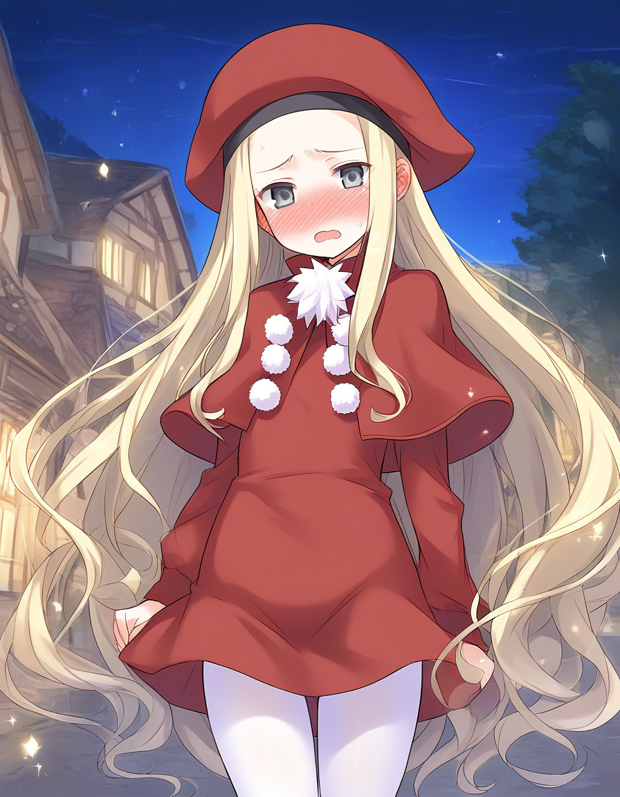score_9, score_8_up, score_7_up, source_anime, rating_explicit, BREAK  <lora:Belfraw_Martini_Ver2.0_XL:1> Belfraw_Martini, 1girl, solo, very long hair, blonde hair, grey eyes,  bangs, short stack, 
1girl, solo,  open mouth,  pom pom (clothes), capelet, sky, :d,  long sleeves, white pantyhose, red skirt,
outdoor, town, tree, night,
sad, full-face blush, embarrassed, motion lines, motion blur,
looking at viewer, 
cowboy_Shot,