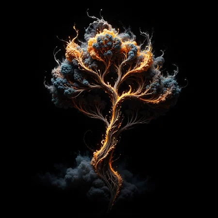 singular intricately flowing light strands against a black background, swirling particles, abstract graphics, contours of a burning tree hidden in smoke, majestic, concept art, flowing light, glowing dust, magical outline