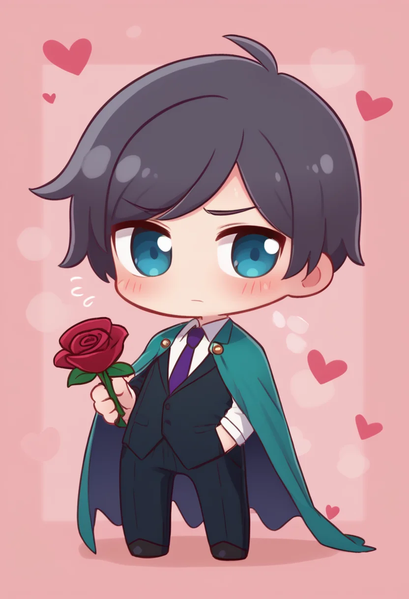 score_9, score_8_up, score_7_up, score_6_up, score_5_up, score_4_up, BREAK,
1boy, chibi, solo, skinny, medium hair, swept bangs, suit, heart background, blush, shy, embarrassed, holding rose, looking to the side, cape,