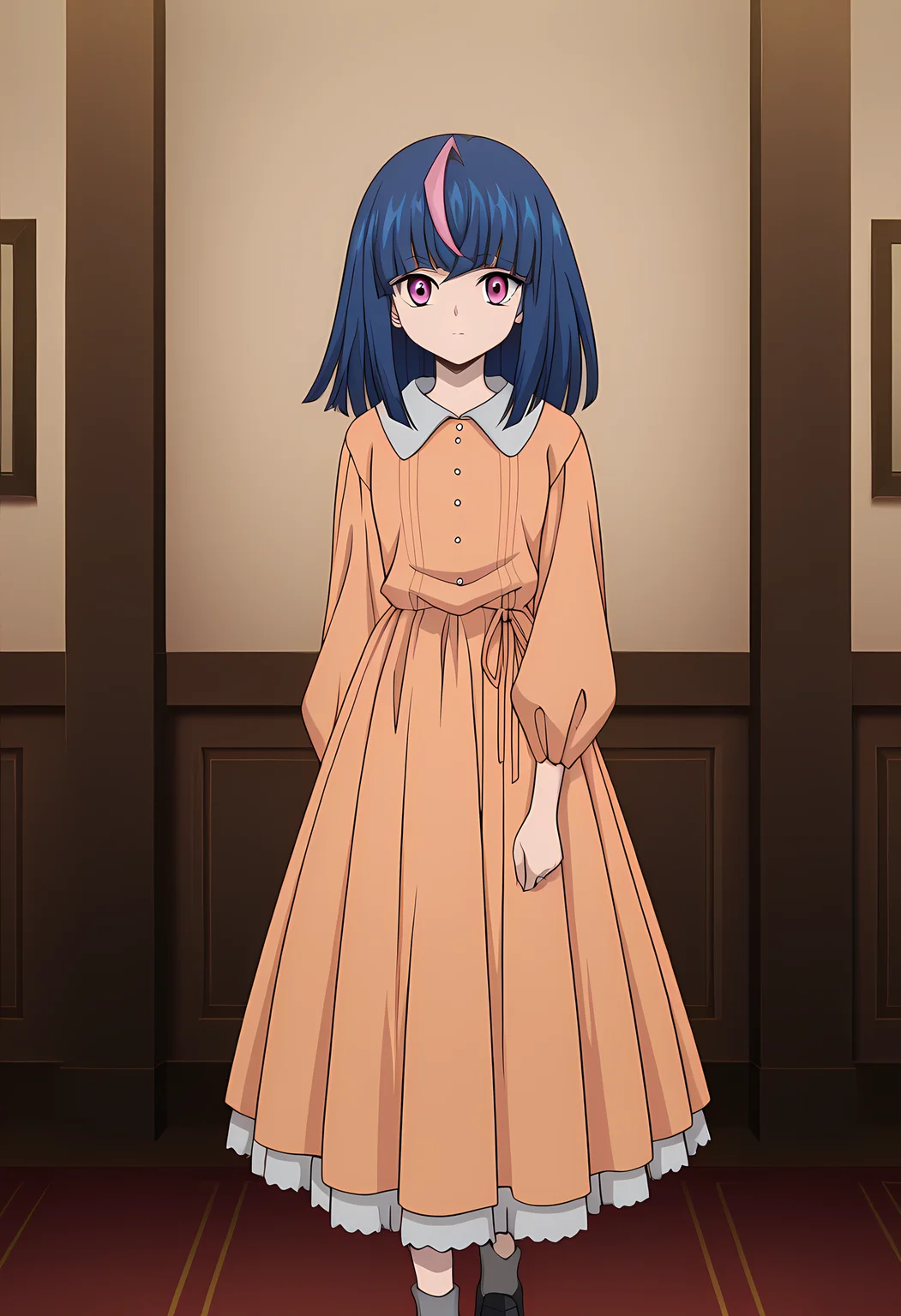 masterpiece,best quality,amazing quality,

1girl, solo,

Hikari Myodo - Present (Cardfight Vanguard), blue hair, medium hair, multicolored hair, streaked hair, pink hair, pink eyes,

orange dress, collared dress,long sleeves, puffy sleeves, frills, frilled dress, grey socks, shoes, black footwear, 

looking at viewer, upper body

cinematic,

Indoors, upper body,

bloom,

Official style, anime screencap, anime coloring,
















