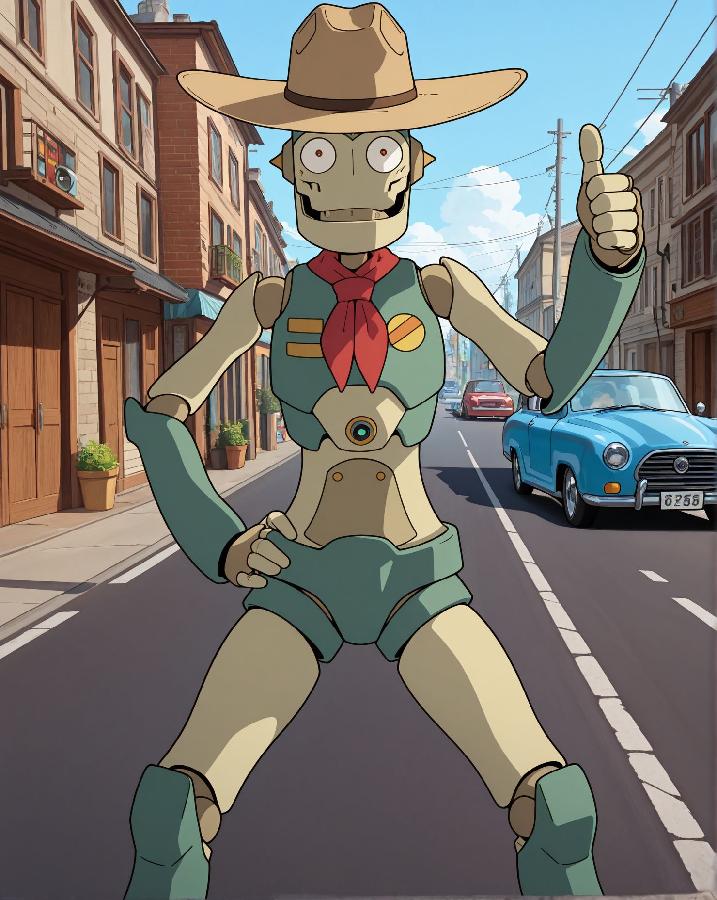 masterpiece,best quality,amazing quality,very aesthetic,absurdres,newest, huge filesize,
<lora:spo_sdxl_10ep_4k-data_lora_webui:0.5>,
<lora:add-detail-xl:1>
<lora:Robot_on_the_Road__mina__robot-000013:0.9>
Robot on the Road,Wide-eyed gaze,
Eccentric stare,
Quirky expression,
Playful wide-eyed look,
1boy,r_robot, front view,evil face,
Cowboy robot,
Wide-brimmed hat,
street, car, angry,
Red neck scarf, hand on own hip, 
Thin, mechanical limbs,
Green shorts and top,
one hand Thumbs-up gesture,
Quirky and playful pose,
Humanoid robot design,
Wide-legged stance,
Spread-leg pose,
Legs spread apart stance,
