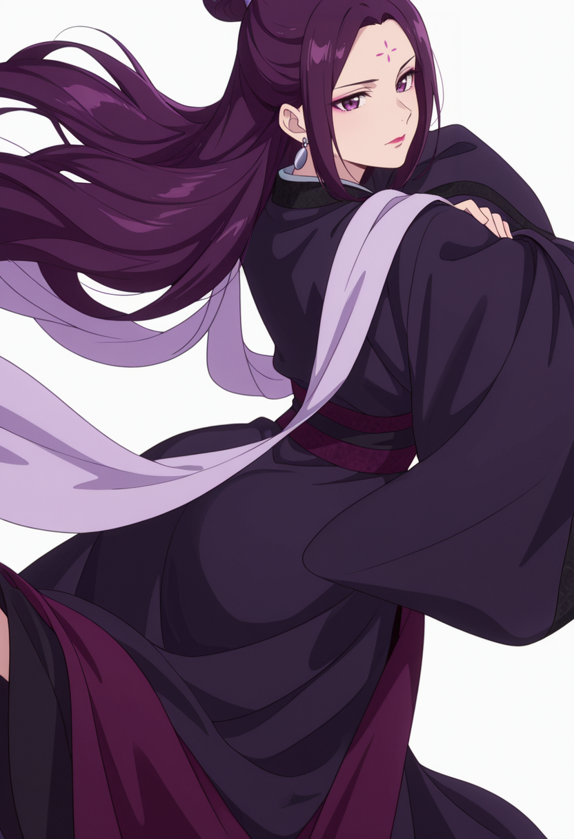 Smooth Quality,masterpiece,very intricate, high quality details, ultra realistic, high detailed skin,detailed enviorement,absurdres,
simple background, white background,solo,
from behind,nervous,dynamic pose, arms crossed, one leg bent, confident stance, slight head tilt, relaxed hands,  ,
 <lora:Ah-Duo_CNR:0.8> ha_duo_cnr, 1girl, purple hair, long hair, purple eyes, forehead mark, single hair bun,hanfu, chinese clothes,kimono, robe, sash, shawl, long sleeves, wide sleeves,earrings,makeup, lipstick
