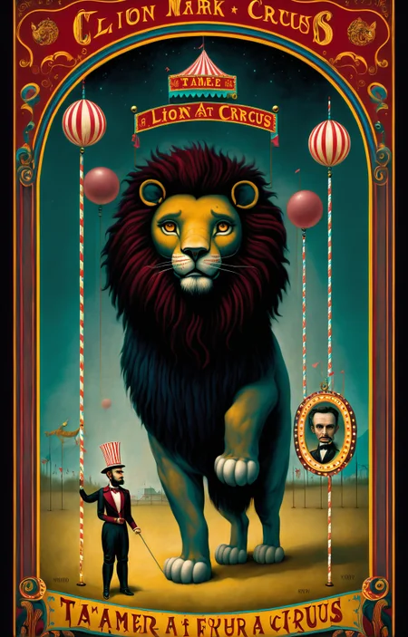 concept art , circus poster, triadic colors, children story book, illustration, concept art, dark and moody portrait of a lion tamer at a night at the circus, (art by Mark Ryden:1.2), <lora:Mark_Ryden:1> . digital artwork, illustrative, painterly, matte painting, highly detailed