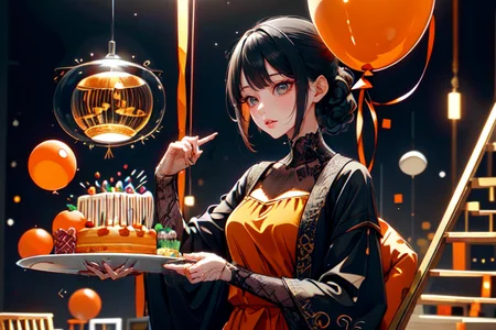 highly insanely detailed, masterpiece, top quality, best quality, highres, 4k, 8k, RAW photo, (very aesthetic, beautiful and aesthetic),
(code_style,codestyle),english text,(sympattern,geometric pattern),vignette,
<lora:CodeStyle (half generic class)_564920:1>,
(1girl:1.3), 1other,
located in a lively birthday party, with colorful decorations, joyful atmosphere, balloons, streamers, at night,(pure orange background,transparent background:1.2),âââ
