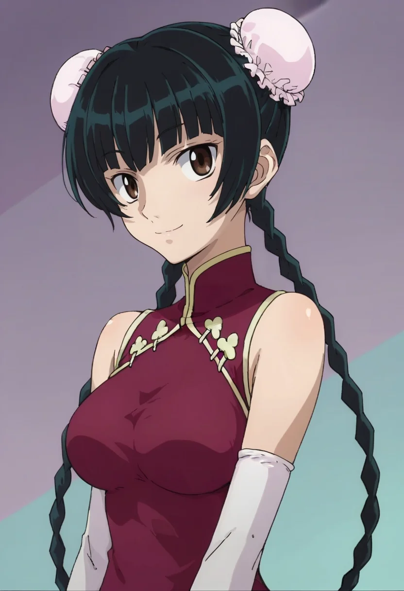 score_9,score_8_up,score_7_up,anime coloring BREAK source_anime,anime,<lora:Wang_Liu_Mei_Gundam_00_Pony:0.8>,liumei,1girl,solo,brown eyes,black hair,twin braids,hair bun,double bun,bun cover,china dress,elbow gloves,smile,multicolored background,looking at viewer,portrait,upper body,looking at viewer,
