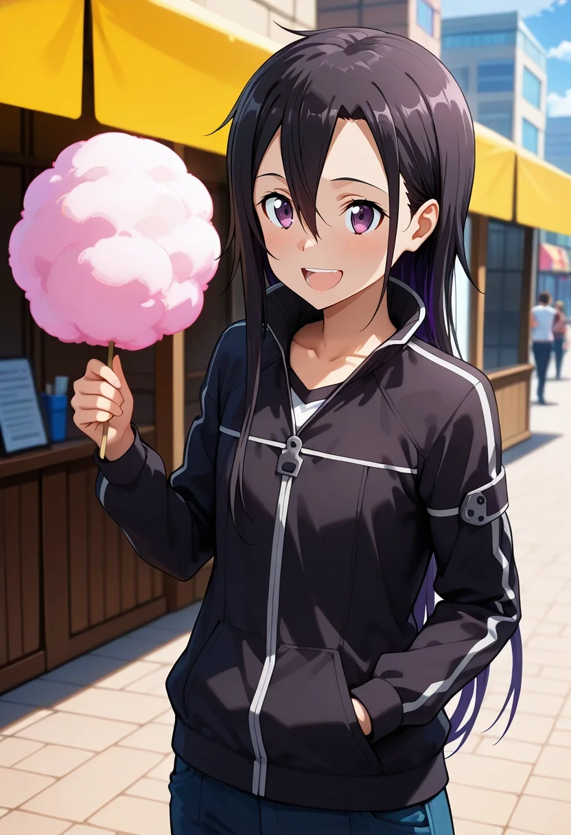 masterpiece, best quality, , (3d:0.4), , 1boy, solo, male focus, <lora:kazuto_kirigaya_ilxl:0.94>, kazuto_kirigaya_ggo, black hair, purple eyes, hair between eyes, long hair, androgynous, sao-ggo, kirito \(sao-ggo\), urban carnival, flashing rides, cotton candy stalls, lively crowds, laughing pose, joyful expression, vibrant energy,