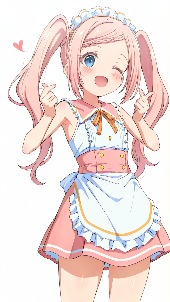white_background,simple background,1girl,solo,full_shot,looking_at_viewer,blush,anime screenshot,sincos,Champe,looking_up,<lora:Champe_Illustrious_v10:1>,maid,;d,pink maid,bare_legs,collarbonea,bare shoulders,flat chest,armpits,finger heart,, masterpiece, best quality