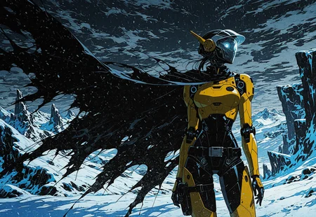 masterpiece, best quality, amazing quality, high resolution, aesthetic, 1girl, robot girl, android, yellow armor, long legs, robot head with white visor, sci-fi landscape, frozen planet, snow, unusual terrain, extreme blizzard, cliff edge, wind-blown cape, elegant design, thigh pouch, radio belt, cowboy shot, dark stormy sky, DRKWB
