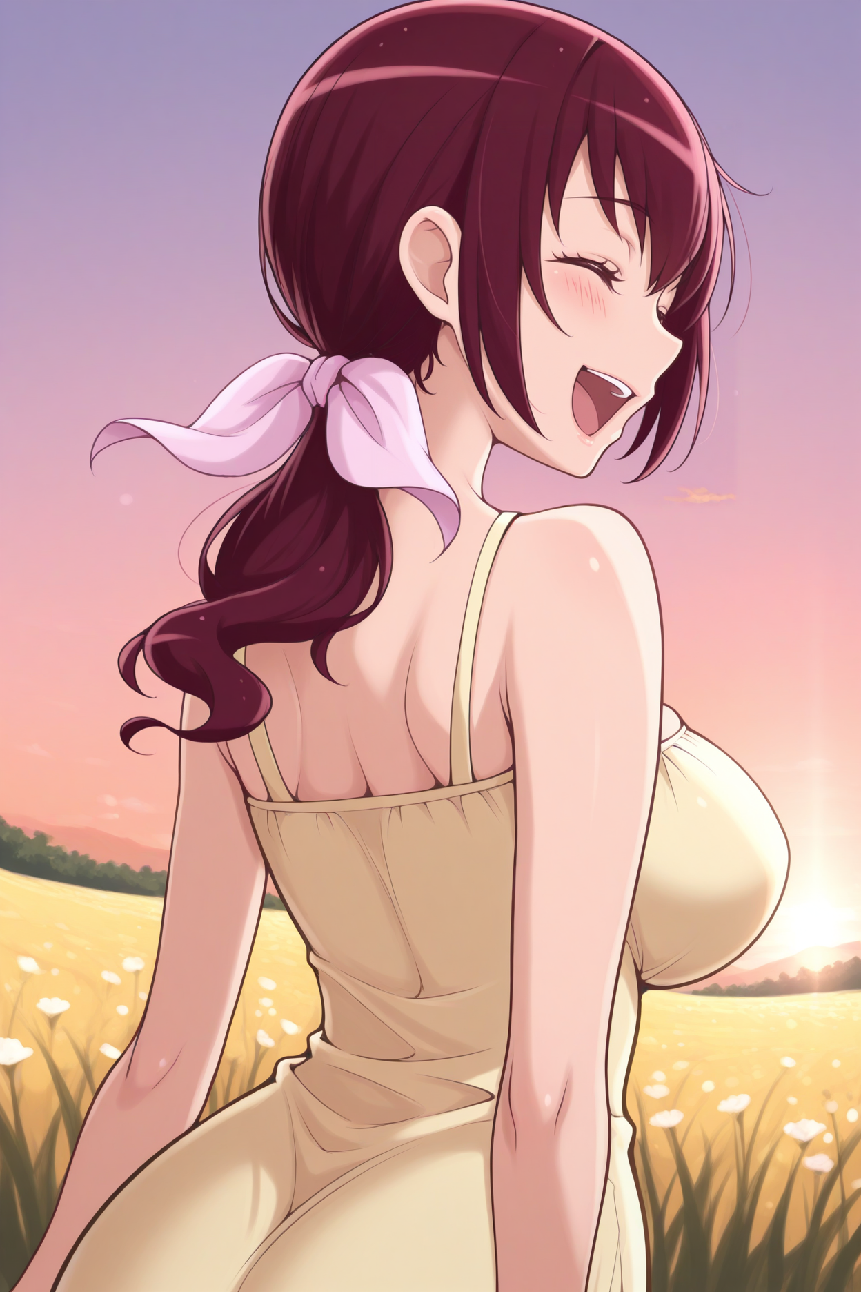 masterpiece, best quality, 1girl, solo <lora:hoshizoraikuyo-illu-nvwls-v1-000006:1> izhra, maroon hair, low ponytail, hair ribbon, pink ribbon, large breasts, mature female, happy, closed eyes, open mouth, blush, yellow sundress, from behind, looking back, field, sunset