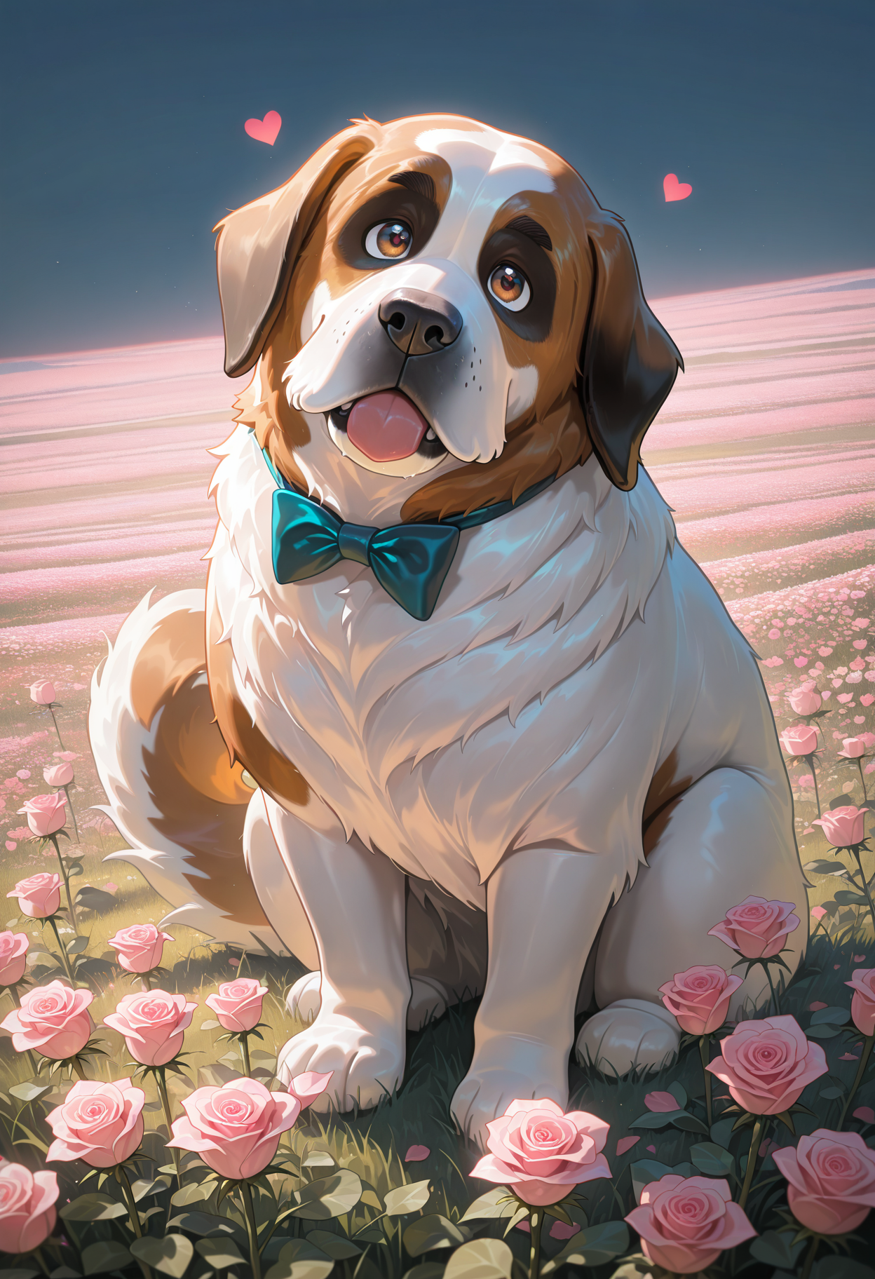 1 saint bernard, head tilt, pink rose, sitting, bowtie, field, (hearts0.5), soft colors, solo,
masterpiece, best quality, amazing quality, very aesthetic, absurdres,  newest, 