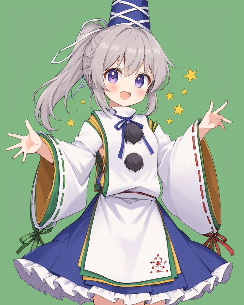 mononobe no futo,1girl, solo, wide_sleeves, open_mouth, blue_skirt, tate_eboshi, simple_background, blue_headwear, green_background, ribbon-trimmed_sleeves, sleeves_past_fingers, :d, looking_at_viewer, long_sleeves, ponytail, kariginu, blush, green_ribbon, pom_pom_\(clothes\), frilled_skirt, red_ribbon
<lora:mononobe_no_futo_image4909_2023-12-20-000007:1>,star-shaped_pupils,symbol-shaped_pupils,. gorgeous,key visual, vibrant, studio anime,award-winning, professional, highly detailed,high budget, cinemascope