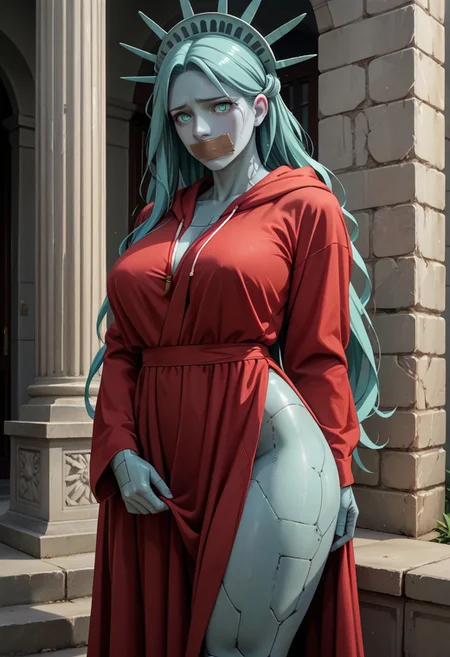 score_9, score_8_up, score_7_up, source_anime, (1girl), (solo:1.5), (Sexy, busty), (very long hair)+++,  ((personification1.2) of the Statue Of Liberty), (tape gag, duct tape), sad, (H4NDM41D), aqua eyes, aqua skin, colored skin, metallic skin, aqua hair, (red dress, red robe, long sleeves), dress, hooded robe, blue skin, thighs, large breasts, colored skin, thick thighs,