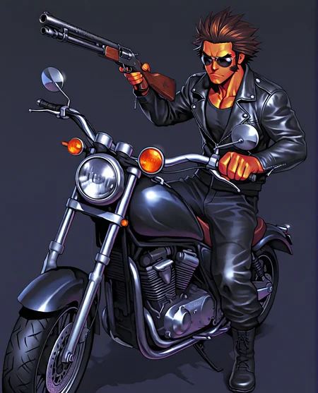 trineal, hued shading, vibrant shading, sshdw, colorful, detailed shading, hued shading, soft shadows, GOHARNO, 1boy, toned male, tanned skin, short hair, spiked hair, brown hair, sideburns, brown eyes, thick eyebrows, cleft chin, black shirt, leather jacket, zipper, eyewear, aviator sunglasses, black sunglasses, holding weapon, shotgun, hand up, serious, slight frown, black pants, black boots, masterpiece, best quality, absurdres, three quarter view, upper body, simple background, black background, riding motorcycle, black chopper, black motorcycle